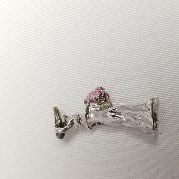 Vintage Bride with Bouquet Charm Pendant, Silver Tone Pink Enamel, Wedding - Picture 4 of 7